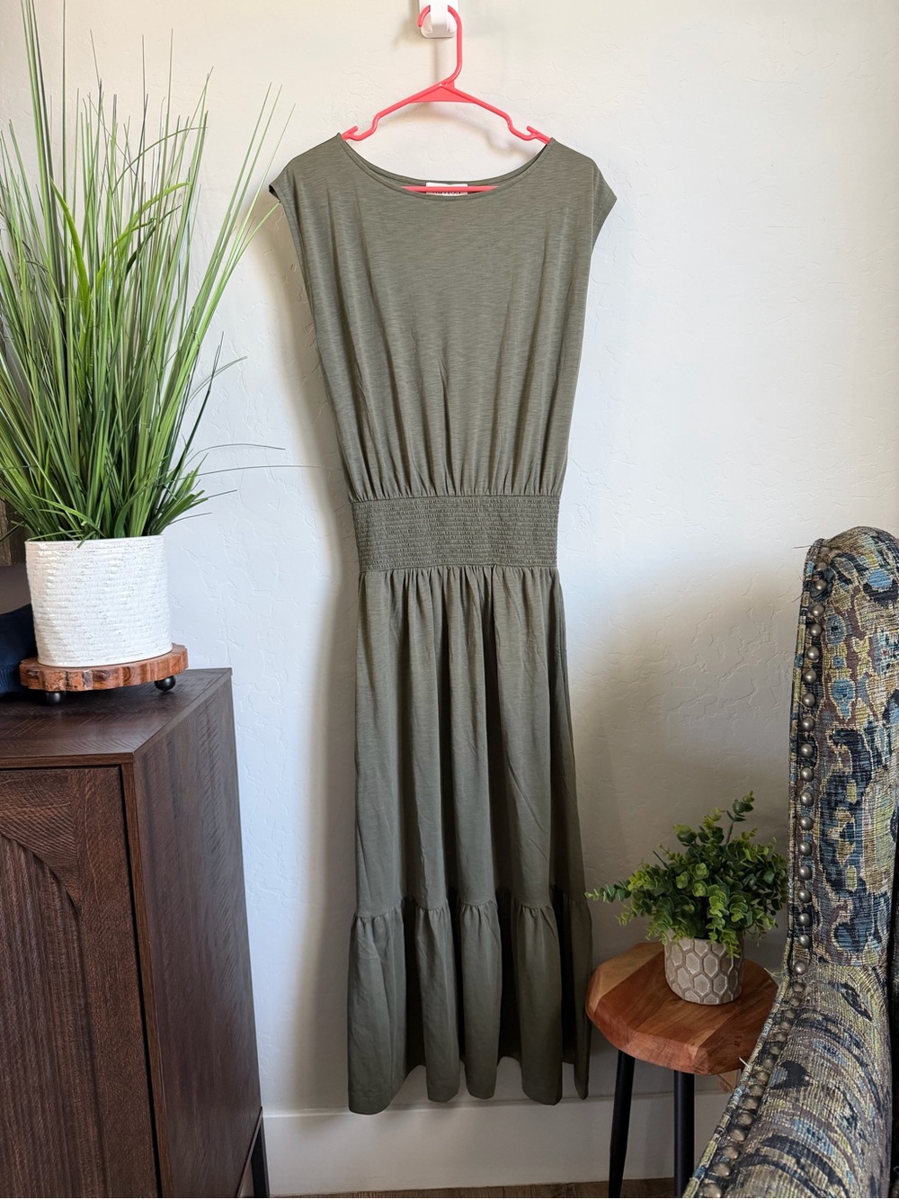 Nation LTD Evonne Maxi Dress Olive Oil Green Smocked Waist NWT Size Small